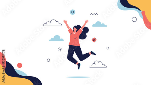 Successful woman wearing a red shirt jumping high for joy surrounded by white clouds and colorful geometric abstract graphic shapes.