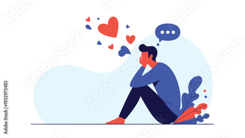Lonely man sitting on the ground with his head in his hands thinking about love with floating hearts and a large thought bubble.