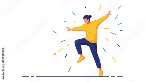 Dynamic person in a yellow sweater jumping energetically with colorful lines and rays bursting out from the center on white background.
