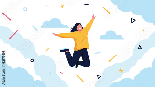 Joyful woman in a yellow sweater jumping high among fluffy white clouds and colorful geometric lines in a bright blue sky.