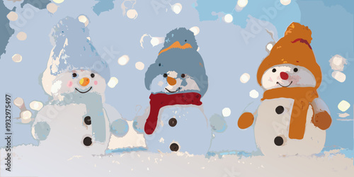Three cheerful snowmen stand together in a winter wonderland scene