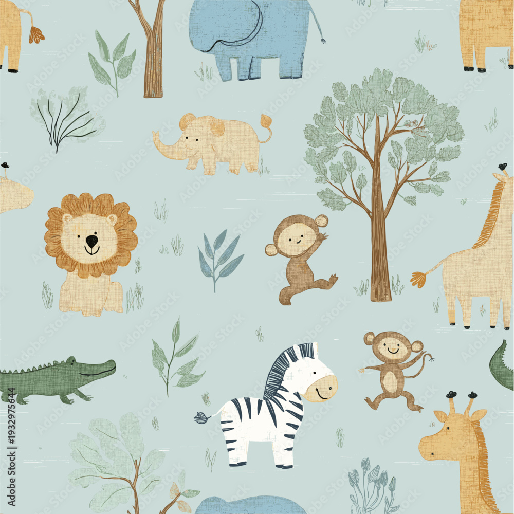 Fototapeta premium Safari animals pattern with giraffes, elephants, and lions on a light blue background. Cute cartoon jungle animals seamless pattern