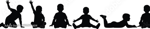 Silhouette children in various seated and lying positions, playful poses, educational vector illustration for childhood development, posture, activity design