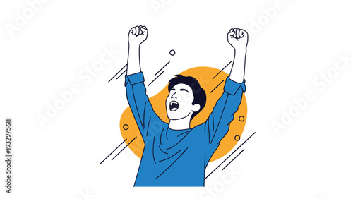 Excited young man with arms raised and mouth open shouting for joy or victory against a bright orange abstract graphic background.