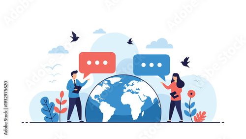 Man and woman standing on opposite sides of a world globe with speech bubbles to represent international communication and trade.