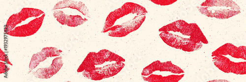 Red lipstick kiss marks covering a cream textured paper surface, creating a playful pattern. Red lipstick kiss marks seamless pattern on textured paper