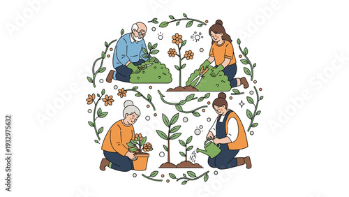 Group of people from different generations gardening together in a lush circular composition with flowers, plants, and watering cans.