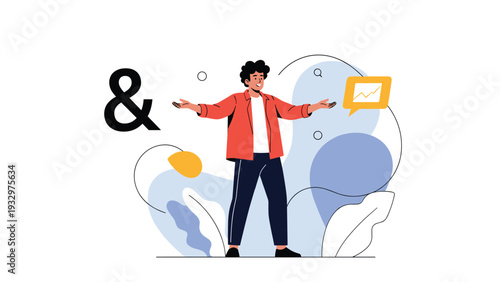 Professional man standing with open arms next to a large ampersand symbol and a data chart icon against soft blue abstract shapes.
