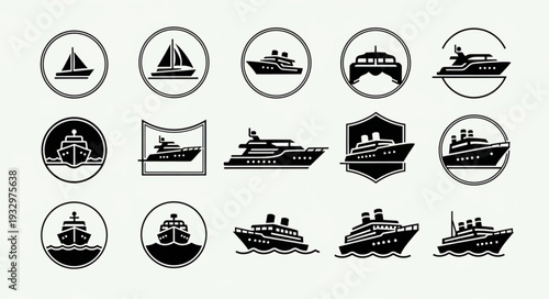 Collection of various boat and yacht illustrations in black and white style.