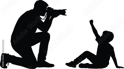 Silhouette vector illustration of photographer crouching with camera capturing joyful child sitting and raising arm, symbolizing family, childhood, and memories