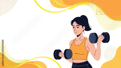 Fit young woman lifting black dumbbells during an intense workout against a vibrant yellow and orange abstract wavy background.