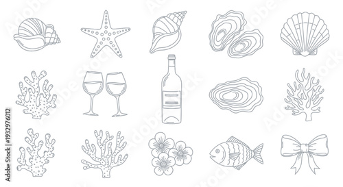 Line art illustrations of seafood, wine, and coral set isolated on white, viewed from directly above.
