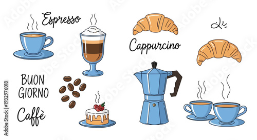 Assorted coffee beverages and pastries displayed with coffee maker and coffee beans in a cozy setting