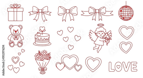 A collection of red line art icons representing love and celebration, including hearts, bows, and gifts, on a clean background, viewed from directly above.