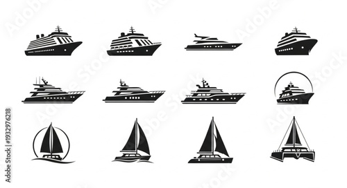 Collection of various boat and ship silhouettes in black and white.