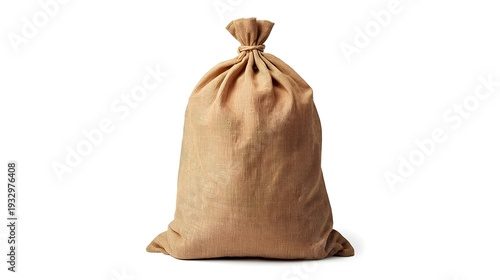 Large Brown Burlap Sack Tied with Rope Isolated on White Background