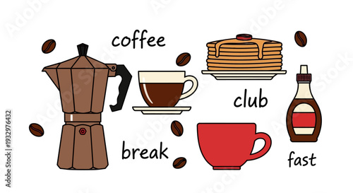 A cup of coffee and pancakes for a quick break, illustrated in a simple style