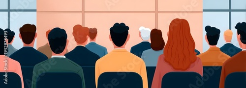 Audience Attentive: A diverse group of people are seated in a room, facing away from the camera, in what appears to be a presentation or a lecture.