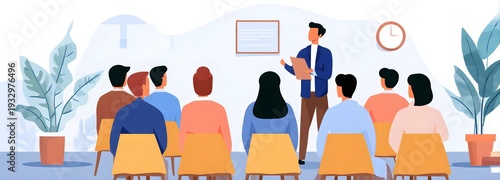 Presentation in Progress: A presenter stands before a seated audience, delivering a talk in a modern classroom or conference setting.