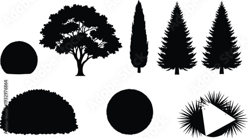 Tree and shrub silhouettes, botanical vector design, landscaping foliage icons, conifer outline illustration, deciduous plant shapes, garden greenery graphic, CAD drawing flat vector illustration