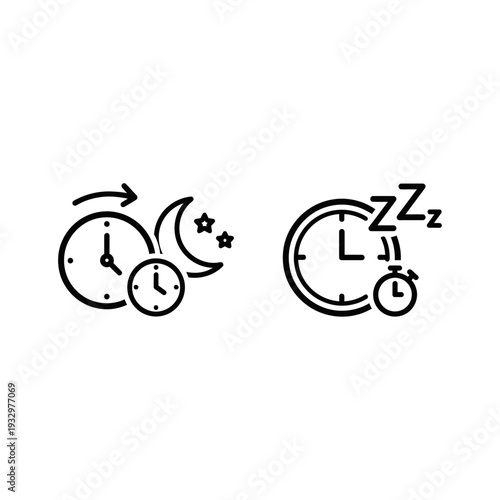 Line icons illustrating sleep duration with clocks and moon, and a sleep timer with a stopwatch and Zzz.
