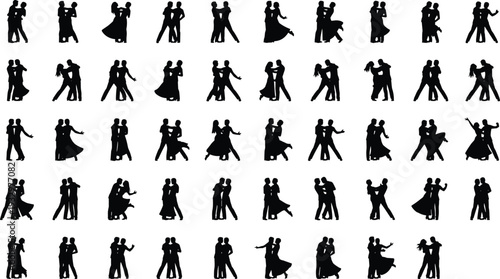 Silhouette vector illustration of diverse dancing couples performing various dance styles, poses, and movements, showcasing rhythm, motion, and artistic expression