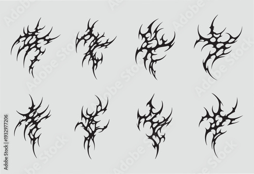 Set of cyber tribal sigilism symbols combining aggressive organic curves and futuristic spike structures. Clean monochrome composition ideal for tattoos, and others.