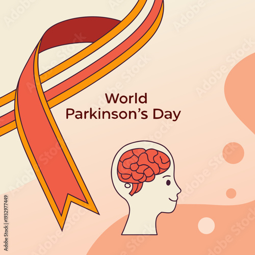 World parkinson's day awareness design with brain illustration and a decorative ribbon for health campaign support