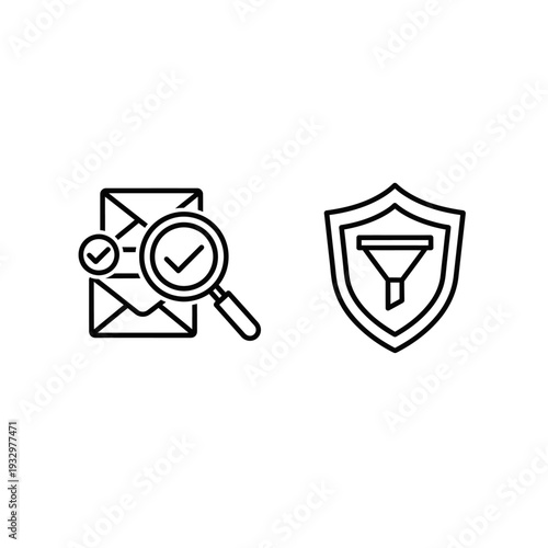 Icons for email security and management, showing a spam check with a magnifying glass over an envelope and a spam filter shield.