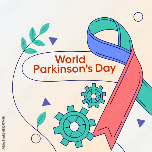 World parkinson's day with a decorative ribbon and gears symbolizing connection and movement for health awareness