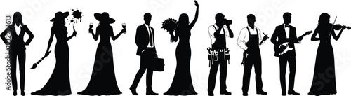 Silhouette vector illustration of diverse professions including businessperson, painter, photographer, musician, worker, florist, and creative individuals in society