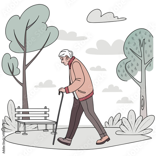 Elderly man with parkinson's walking with a cane in a park with trees and benches