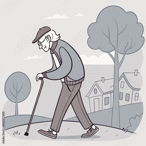 Elderly man with parkinson's walking with a cane outdoors on a path with houses and trees in background