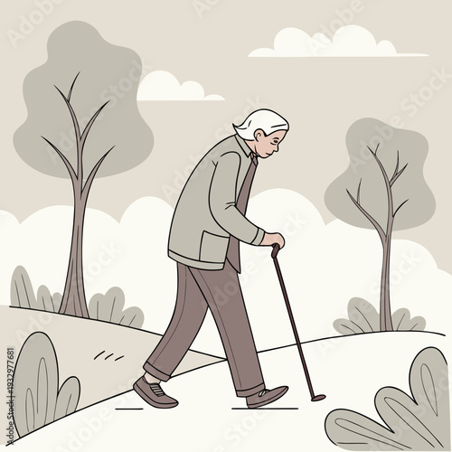 Elderly man with parkinson's walking with a cane on a path with trees and bushes in a natural setting