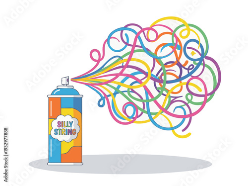 Flat vector illustration of a silly string spray can releasing colorful string stream