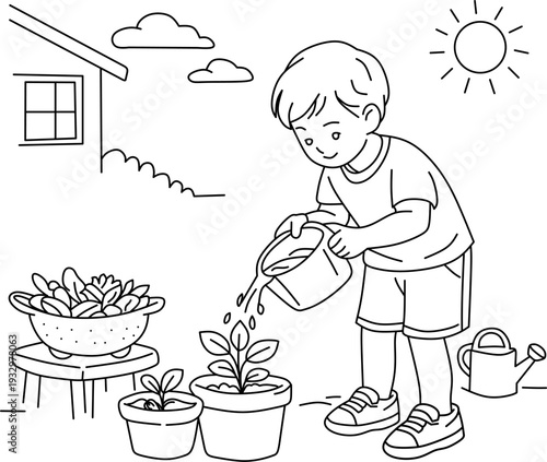child watering plants with recycled water. clean outline illustration eco lifestyle