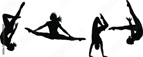 Set of female gymnast silhouettes performing acrobatic jumps and handstands, woman athlete flexibility and artistic movement icons for sports posters.