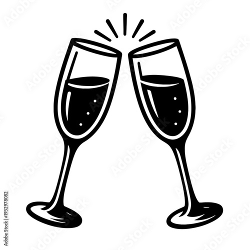 Black and white vector graphic of two elegant champagne flutes clinking in a celebratory toast, radiating festive cheer. Symbolizing joy, success, happy moments for New Year's, weddings, anniversaries