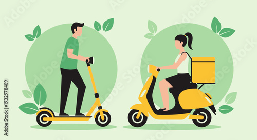 Man and woman riding electric scooters with delivery box.