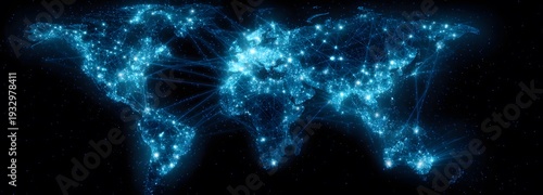 Global Network of Light: A luminous depiction of the Earth, illuminated by a vast network of glowing nodes and connecting lines, symbolizing global connectivity and digital communication.
