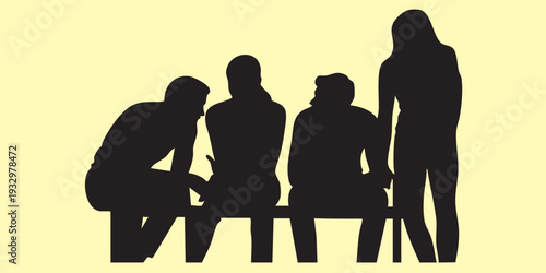 Premium high-quality silhouette EPS file showing a group engaged in a deep conversation on a bench. Excellent vector illustration for teamwork, brainstorming, and social connection projects.