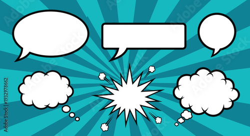 Comic speech bubbles and explosion effect on blue background.