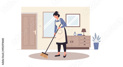 Dedicated Woman Sweeping the Floor with a Broom in a Tidy Home Environment, Illustrating Efficient Housework and Domestic Chores