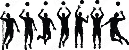 Set of male volleyball player silhouettes jumping and hitting ball, man athlete serving and spiking vector icons for sports posters.