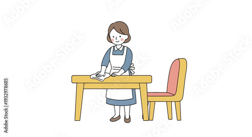 Housewife cleaning a table and chair with a cloth, illustrating domestic chores and household responsibilities