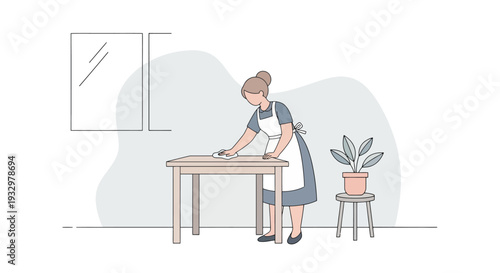 Illustration of a woman cleaning a wooden table with a cloth in a room with a plant and mirror