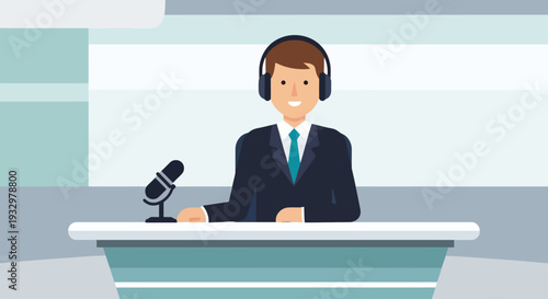 News Anchor Broadcast Live from Studio with Microphone and Headphones