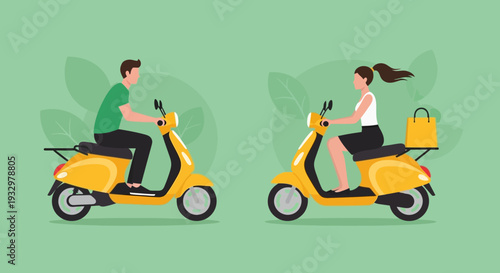 Man and woman riding yellow scooters with delivery bags.
