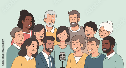 Diverse Group of People Gathered Around a Microphone for a Discussion or Recording Session