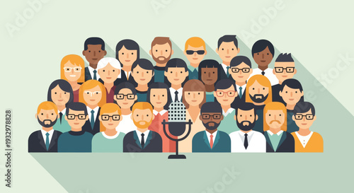 A diverse group of people gathered around a microphone, representing a conference or public speaking event